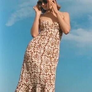 Anthropologie Hutch Orange and Cream Geometric Floral Midi Dress